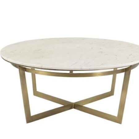 Clinton 39" Round Marble Coffee Table, White Marble w/ Brass Accents