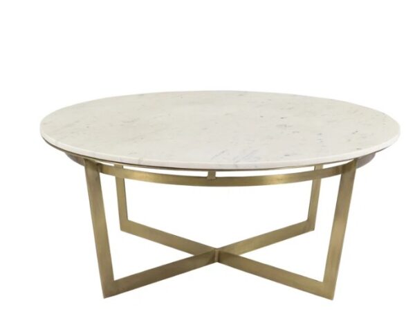 Clinton 39" Round Marble Coffee Table, White Marble w/ Brass Accents