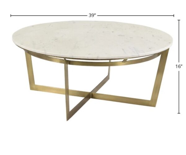 Clinton 39" Round Marble Coffee Table, White Marble w/ Brass Accents - Image 3